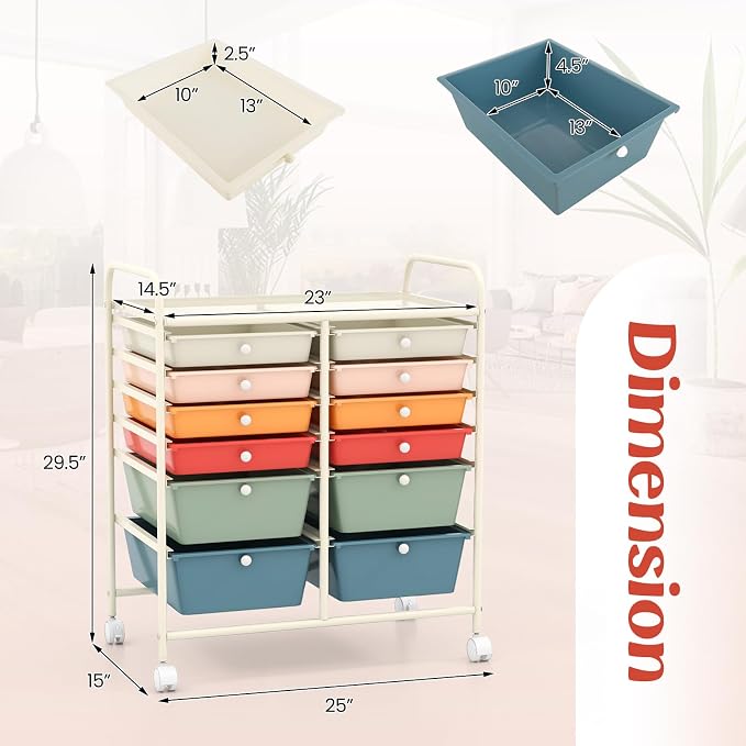 12 Drawer Rolling Storage Cart, Craft Cart Organizer on Wheels w/Metal Frame, Large Capacity & Smooth Drawer, Rolling Cart w/Drawers for Classroom, Office - Image 3