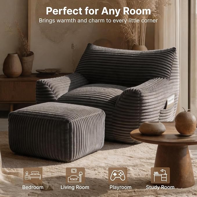 Oversized Bean Bag Chair with Ottoman, Bean Bag Couch with 2 Side Pockets, Corduroy Boneless Couch Chair in a Box, Comfy Lounge Chair for Living Room, Bedroom, Dorm, Gray - Image 7