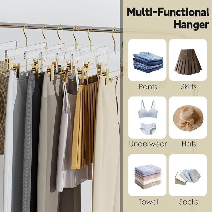 Clear Gold Acrylic Pants Hangers 30 Pack with Adjustable Clips | Non-Slip & Heavy Duty Hangers for Pants, Skirts, Jeans, Trousers, Scarves, Adults & Kids, Clothing Closet Storage - Image 4