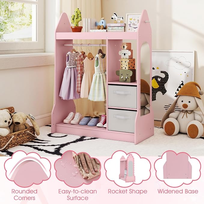 Costzon Kids Dress Up Storage with Mirror, Clothes Rack, Shelves, 2 Fabric Storage Bins, Pretend Play Costume Organizer, Open Hanging Wardrobe Closet Armoire Dresser for Bedroom Playroom - Image 5