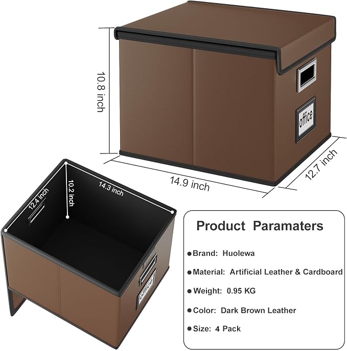 File Organizer Box with Lids, Collapsible File Folder Organizer | File Box with Plastic Slides for Document, Filing Bin for Letter Size Hanging File Folders (4 Pack, Dark Brown, Leather) - Image 5