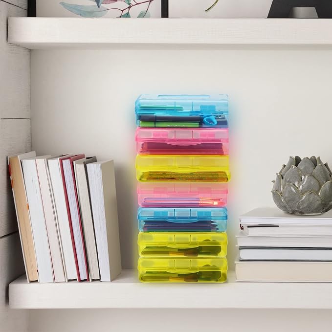 Fainne 24 Pack Clear Plastic Pencil Box,Pink, Yellow, Blue | Stackable Organizer for School Supplies, Large Case for Crayons Markers, Snap-lid Keeps Stationery Secure, Bulk Set - Image 5