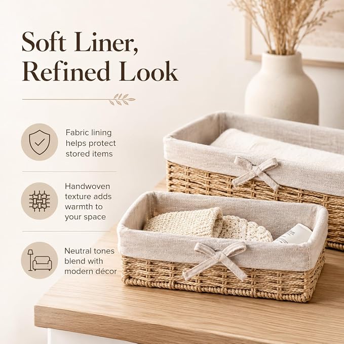 Baskets for Shelves Set of 4, Woven Paper Rope Storage, Khaki | Shallow Nesting Organizer Baskets with Removable Linen Liner, Pantry Bathroom Closet Cabinet Bookshelf storage, 9.8in-15.7in - Image 3