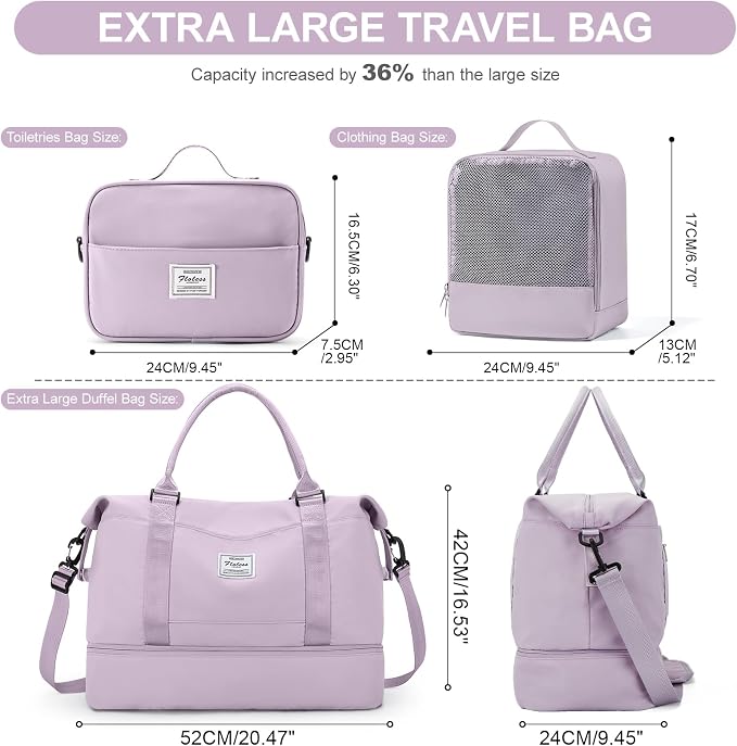 Weekender Bags for Women, Carry-On Overnight Travel Duffel Bag | Travel Bag with Shoes Compartment & Toiletry Bag, Extra Large, 3 Pcs Set - Image 4