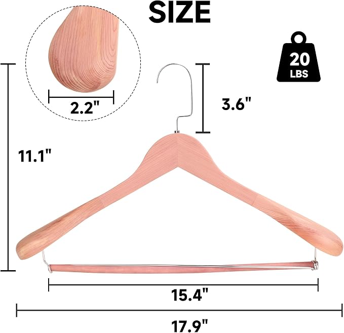 Wide Shoulder Wooden Hangers with Locking Bar, Cedar Wood, 6-Pack | Non-Slip Suit Hangers with Flat-Head Hook for Suits, Jackets, Coats, Shirts, Outerwear and Heavy Clothes - Image 2