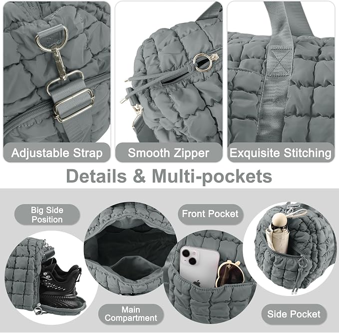 Quilted Travel Duffle Bag Gym Bag for Women,Large Puffer Duffle Weekender Bag with Compartment,Workout Overnight Carry on Organizer Bag Duffle Bag for Airplane Travel(Grey) - Image 3