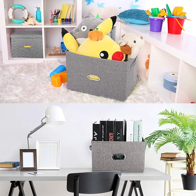 Large Linen Fabric Foldable Storage Bins with Removable Lid and Handles, Washable Storage Box Organizer Containers Baskets Cube with Cover for Bedroom,Closet,Office (Khaki, Medium(2-Pack)) - Image 5