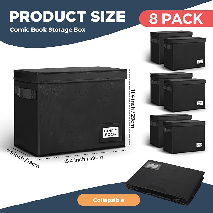 8 Pack Comic Book Storage Boxes, 15.4" x 7.5" x 11.4" Book Box Organizer Collapsible with Handles, Stackable Short Bin to Holds 150-180 Comics for Home School Classroom, Black - Image 2