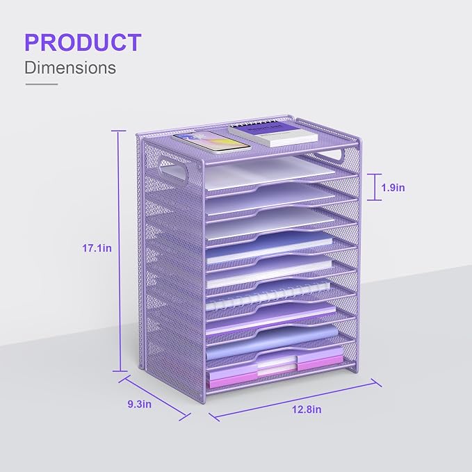 OUTWOLF 10 Tier Paper Organizer - Letter Tray Mesh Desk File Organizer with Handles for Office School Desktop, Purple - Image 3
