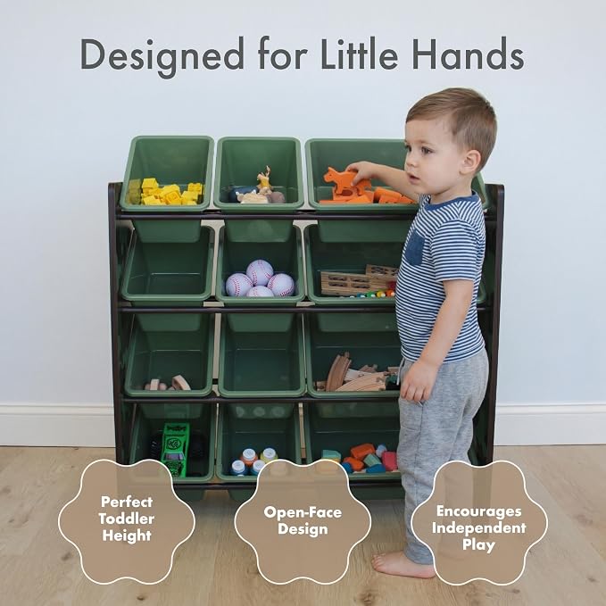 Humble Crew Kids Toy Organizer with 12 Bins, 4 Tier Storage for Playroom | Sturdy wood and steel toddler shelf, removable BPA-free containers, wall anchor anti-tip safety kit for bedroom or classroom - Image 2