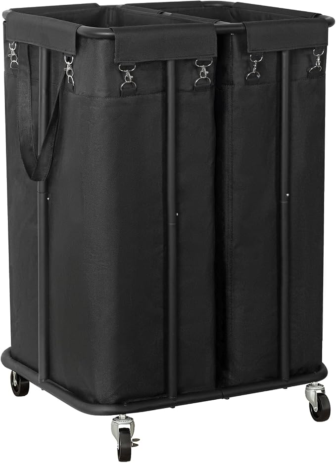 WOWLIVE Double Laundry Hamper with Wheels, 170L Rolling Laundry Basket | 2 Section Laundry Hamper, Laundry Cart with Steel Frame, Removable Bags, Large Dirty Clothes Hamper Dorm Room Storage, Black by WOWLIVE