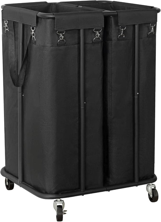 WOWLIVE Double Laundry Hamper with Wheels, 170L Rolling Laundry Basket | 2 Section Laundry Hamper, Laundry Cart with Steel Frame, Removable Bags, Large Dirty Clothes Hamper Dorm Room Storage, Black by WOWLIVE