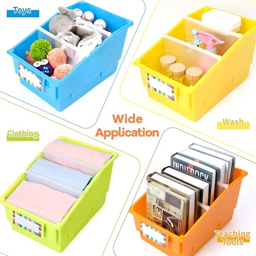 6 Pack Picture Book Bins with Dividers Plastic Book Holders with Labels Stackable Classroom Organization Bins Magazine File Binder Holder Storage Container for Library Home Office(Fluorescent Color) - Image 6
