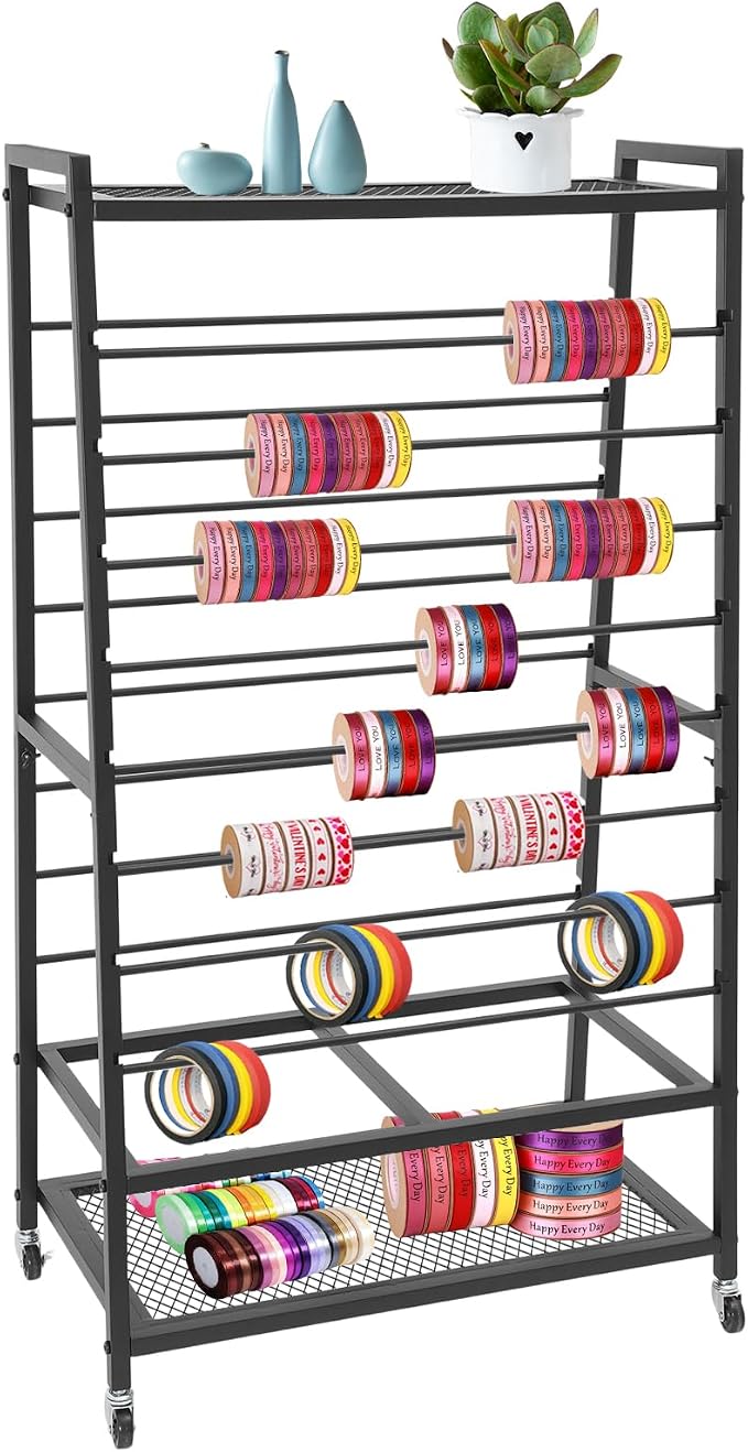 16 Tier Ribbon Organizer for Craft Room, Double-Sided Ribbon Holder Organizer Rack, Black Metal Ribbon Storage Rack for Craft Room Cake Shop Flower Store by NeNchengLi