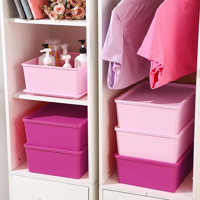 6 Pcs Pink Large Plastic Storage Bins with Lids | 14.4 x 10.4 x 5.1 Inch, Stackable Storage Containers, Decorative Cubby Organizer for Clothes Shelves Garage Closet Office - Image 4