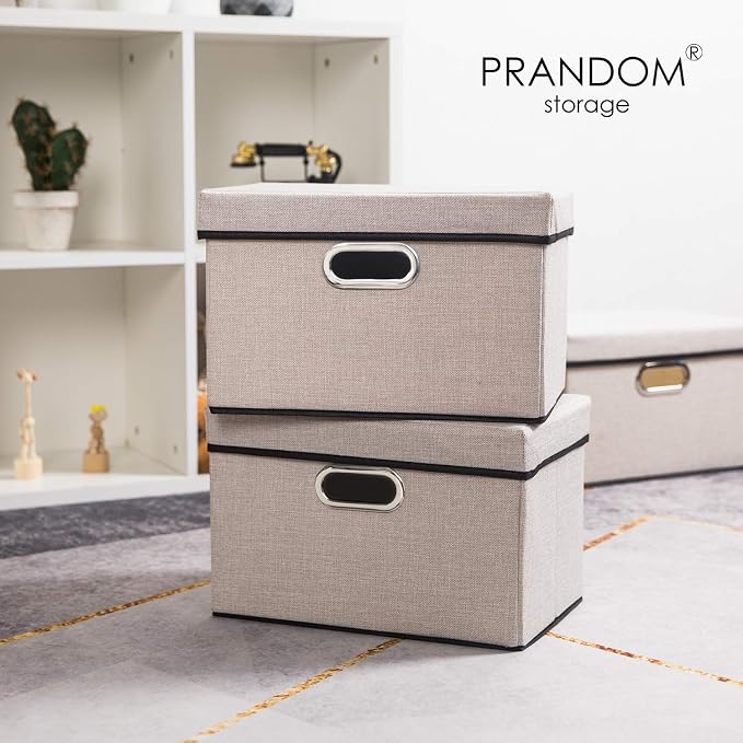 Foldable Storage Bin with Lid [5-Pack] Linen Fabric Decorative Storage Box Organizer Container Basket Cube with Handles Divider for Closet Office Living Room Light Grey(14.9x9.8x9.8) - Image 2