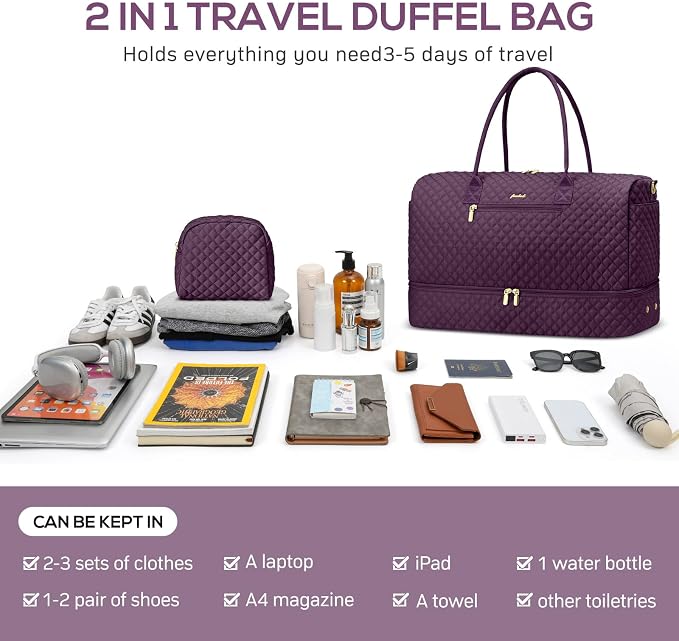 Travel Duffle Weekender Bags for Women - Carry on Overnight with Shoe Compartment Duffle Bag Hospital Bag Dark Purple - Image 4