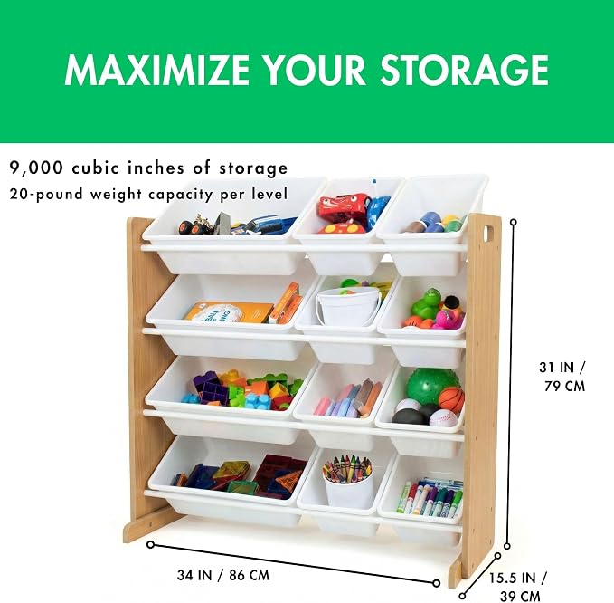 Humble Crew Kids Toy Organizer with 12 Bins, 4 Tier Storage for Playroom | Sturdy wood and steel toddler shelf, removable BPA-free containers, wall anchor anti-tip safety kit for bedroom or classroom - Image 2