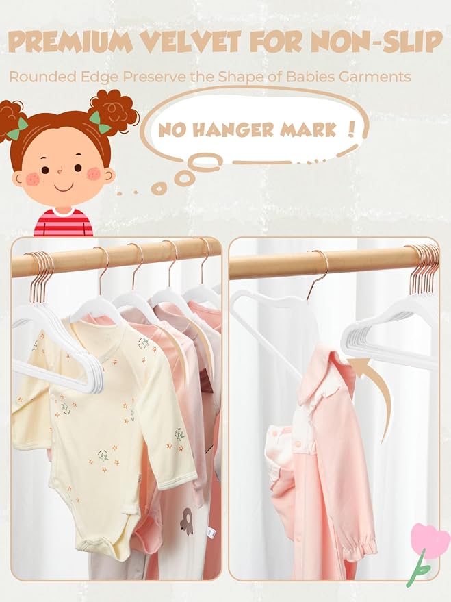 11.8" Premium Baby Velvet Hangers for Closet, 50 Pack, White | Durable Kids Felt Hangers, Non Slip and Space Saving with 360° Rose Gold Hooks for Infant and Toddler Clothes; Holds 10 lb - Image 2