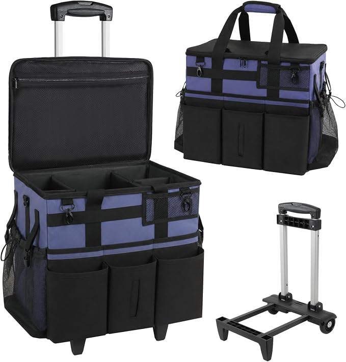 SCAVATA Rolling Cleaning Caddy Bag with Detachable Trolley, Large Cleaning Supplies Organizer with Wheels, Multi-Pocket Cleaning Cart with Adjustable Shoulder Strap for Housekeepers (CeruleanBlue) by Tidyyourlife