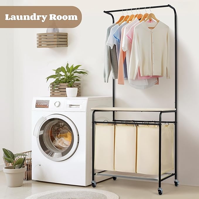 MYOYAY 3 Section Laundry Sorter with Garment Hanging Bar Rack Foldable Ironing Board, Laundry Basket Organizer Heavy Duty Laundry Hamper Rolling Cart with Lockable Wheels and 3 Removable Bags - Image 7