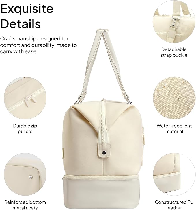 Travel Duffle Bag for Women, 40L Weekender Bags Airline Approved Carry On with Shoe Compartment & Waterproof Wet Pocket, Durable Nylon Weekender Overnight Bag for Travel, Gym, Business Trip, Beige - Image 6