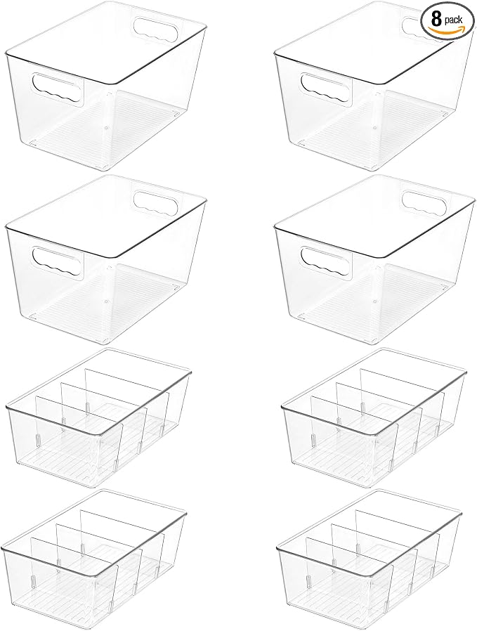Vtopmart 8 Pack Clear Storage Bins Set for Pantry Organizer | 4 Large Pantry Bins with Handle and 4 Medium Snack Organizer Bins with 4-Compartment for Pantry, Kitchen, Fridge, Cabinet by Vtopmart
