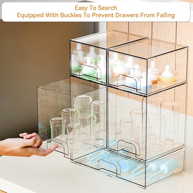 5 Set Clear Baby Bottle Organizer for Countertop,BPA FREE Bottle Station Organizer for Breast Pump Parts,Pacifier and Baby Accessories,Stackable Drawers for Bathroom,Cabinet,Pantry Organization - Image 4