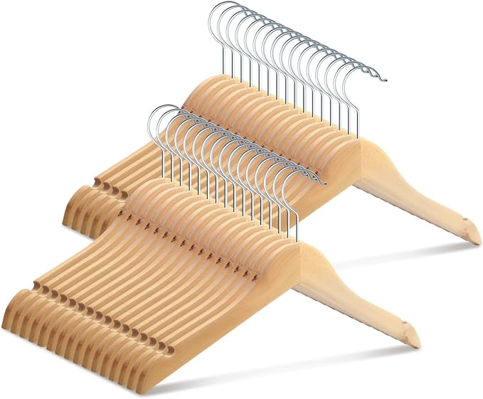 Pinkunn 50 Pcs Wooden Hangers for Baby Kids Wood Hangers Solid Baby Children's Coat with Pants Bar Shoulder Notches Anti Rust Swivel Hooks 12.6 Inch by Pinkunn