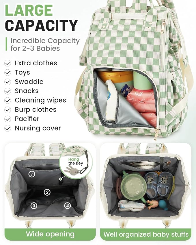 Corduroy Diaper Bag Backpack, Large Capacity Multifunction Baby Diaper Bags for Women, Insulated Bottle Pockets & Pacifier Case, Stylish Travel Nappy Changing Bags for Mom Dad (Checkered Green) - Image 4