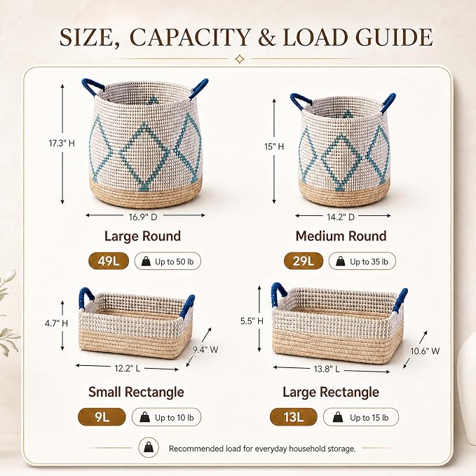 Handwoven Sea Grass Storage Baskets Set of 4-2 Round & 2 Square Woven Bins with Handles by Vietnamese Artisans, Natural Fiber Organizer for Living Room, Bathroom, Nursery, Shelves - Image 8