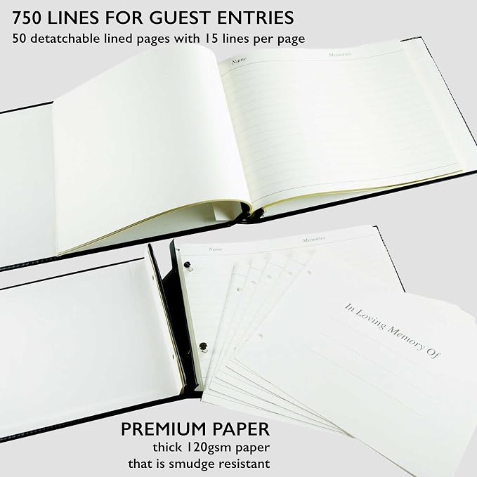 Funeral Guest Book in Loving Memory - 50 Loose Leaf Pages with Gold Gilt Edges & Storage Box - Hardcover Memorial Guest Book & Keepsake Pocket for Condolence Cards - for Funeral Services - Image 5