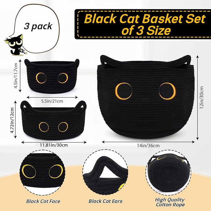 3Pack Black Cat Cute Storage Basket Set for Nursery- Small, Oval, Large Woven Gift Basket, Rope Cotton Bins with Lover Handles, Baby Laundry 0rganizer Shower Towel Blanket Clothes (9/12/15In) - Image 2