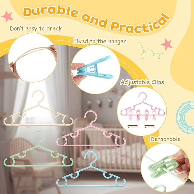 Hsei Baby Hanger with Clip for Pant,120 Packs Total,Macaron Color,10.6 Inch | 40 Kids Plastic Hanger with 80 Clips for Newborn, Nursery, Daycare, Preschool, Closet, Wardrobe Organizer for Baby Shower - Image 3