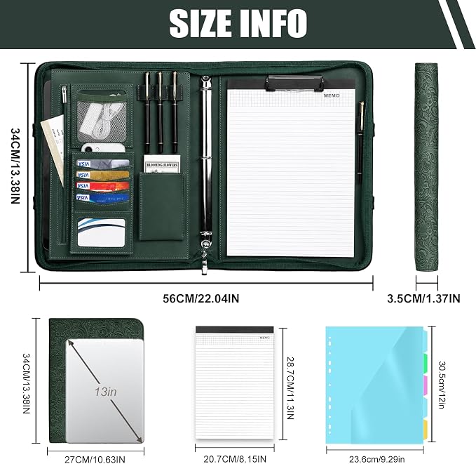 Padfolio Portfolio Binder with Handle, 3-Ring Folder Organizer | Vegan leather portfolio with notepad. Includes 5 sheet protectors for documents/files and 1 pen - Image 2