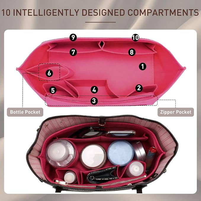 Purse Organizer Insert for Handbags & Base Shaper 2pc Set, Felt Neverfull GM Organizer Insert, Tote Bag Organizer with Zipper Pocket and Bottle Holder, Fit Neverfull GM and More, Rose-XL - Image 4