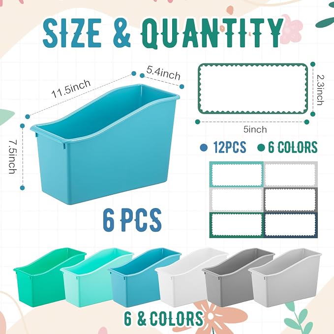 Geetery 6 Pcs Book Bin for Classroom with Labels Stackable Plastic Organizing Bins 11.5 x 5.4 x 7.5 in Book Holders Storage Bins Box Baskets for Classroom Library Home (Morandi Color) - Image 2
