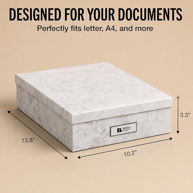 Bigso Oskar Fiberboard Label Frame Document Letter Box for Important Paperwork A4 or Letter Size - Durable Keepsake Box with Lid and Metal Label Holder - 3.3in x 10.2in x 13.8in - Marble - Image 4