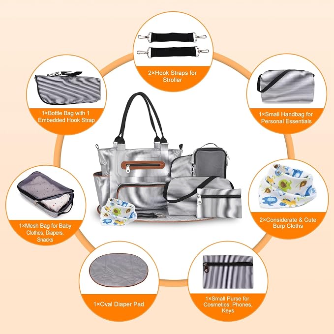 Moclever 8pc Diaper Tote Set, Baby Essentials with Multifunctional Diaper Bags, Bottle & Mesh Bag - Image 6