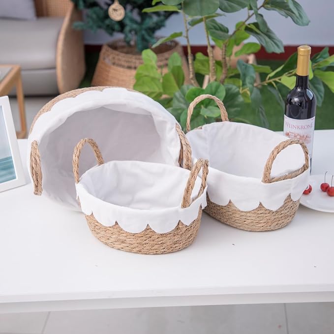 Handmade Seagrass Wicker Storage Basket with Handles & Removable Liner,Eco-Friendly Oval Woven Shelf Basket Organizer for Home Decor,Set of 3 - Image 5