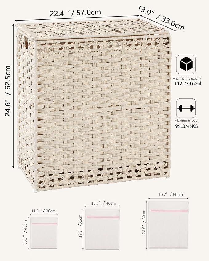 SETVSON Laundry Hamper with Lid PE Rattan Laundry Basket, Light Khaki | Decorative Furniture Look for Bathroom & Bedroom, 2-Section Large Wicker Hamper, 2 Cloth Bags, 6 Mesh Bags Included - Image 5