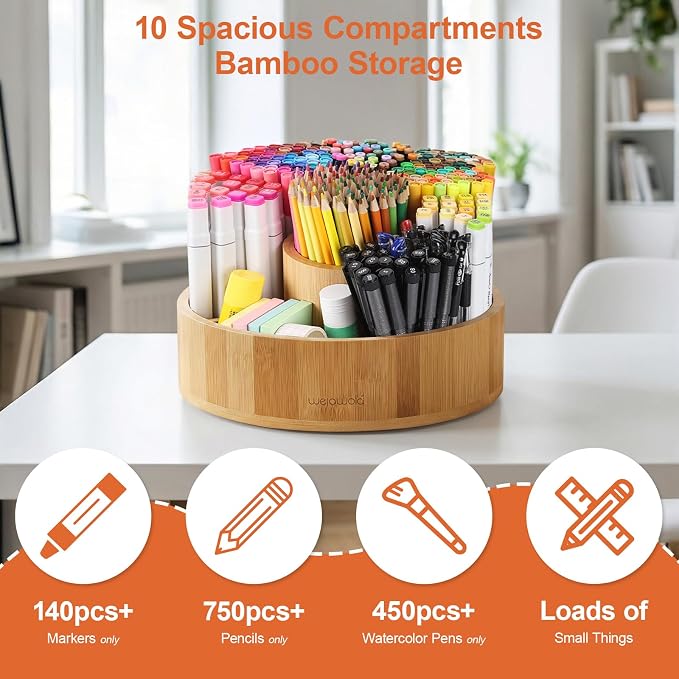 Marker Organizer Rotating Bamboo Desk Organizer, Silent 360° Rotation Caddy, 10 INCH LARGE Art Supply Caddy Holds 140+ Markers, 750+ Pencils for Home Office, Classroom, Birthday Gift, 10 Compartment - Image 7
