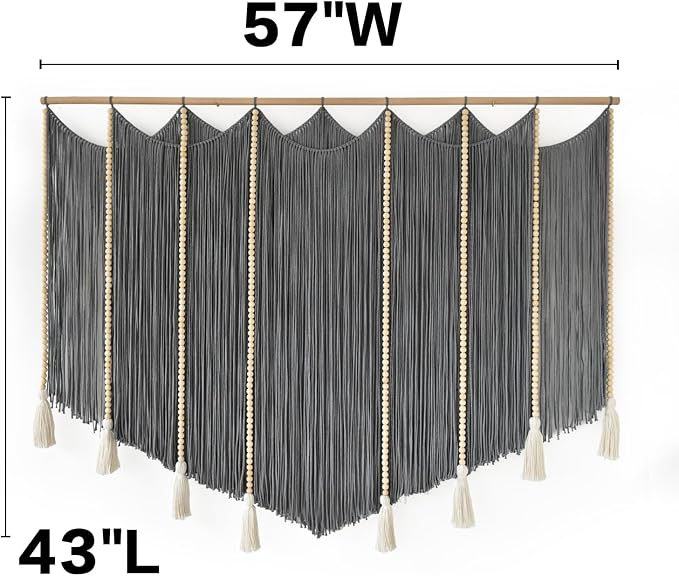 Jakalin Macrame Wall Hanging Grey Woven Yarn Large Boho Wall Art 57" x 43" | Handwoven Cotton, Fiber Wall Art, Grey Dip dye Design, Home Decor Boho, Macrame Yarn, Living Room, Bedroom Wall Decor - Image 5