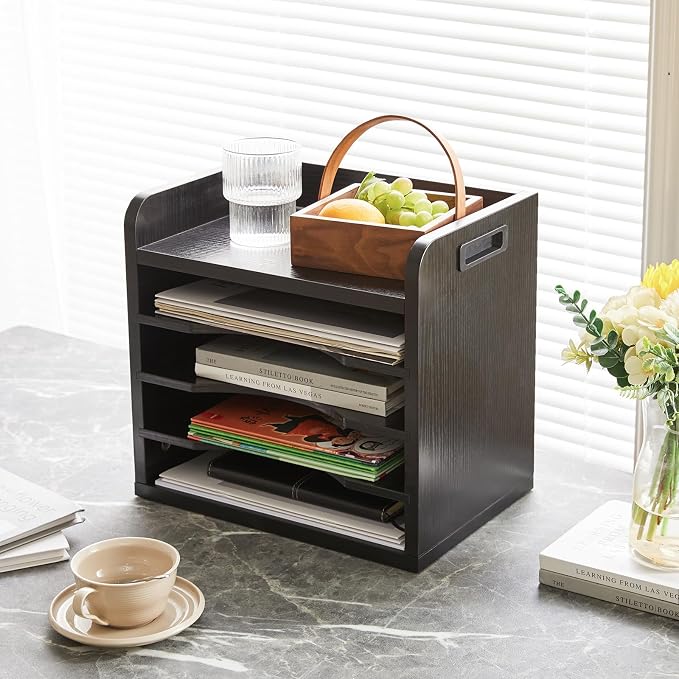 YMYNY Desktop File Organizer with Handle, Document Letter Mail Tray Sorter with 3 Adjustable Shelves, 5 Tiers Paper Holder for School Home Office Desk,Black,13.4 * 12.4 * 9.06" UHBC006B - Image 5
