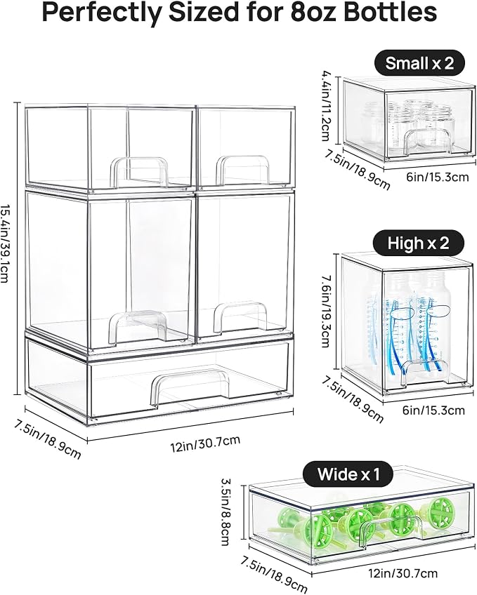 Vtopmart Clear Stackable Storage Drawers Set of 5, Plastic Organizer Bins | Multi-purpose Boxes for Baby Bottle Storage, Ideal for Kichen, Vanity, Bathroom, Undersink, Cabinet, Pantry Organization - Image 3