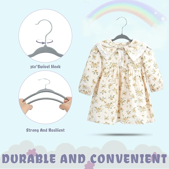 BAGAIL 50 Pack Kids Velvet Hangers 11 Inches Children's Clothes Hangers Non-Slip Baby Hangers for Infant/Toddler (Grey) - Image 3