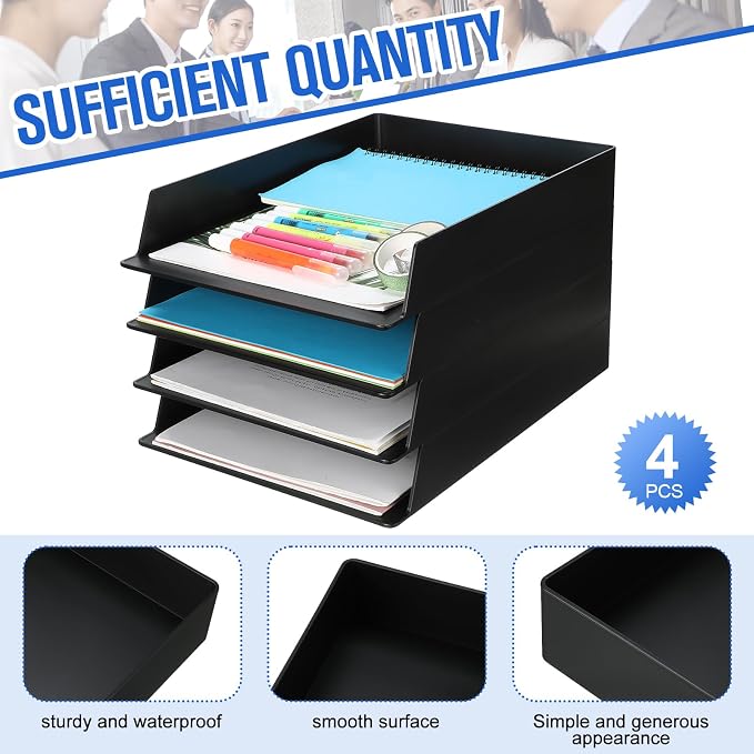 4 Pcs Stackable Paper Trays Rectangular Plastic Desk Holder Desktop Document File Organizer Storage Letter for Office Classroom (Black) - Image 3