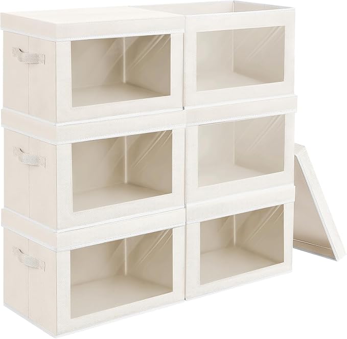 Stackable Storage Bins with Lids - Medium Storage Box with Lids, Foldable Closet Boxes for Organizing, Wardrobe Clothes Organizer with Window, Fabric Bins for Living Room, 6 Pack, Beige by Homsorout