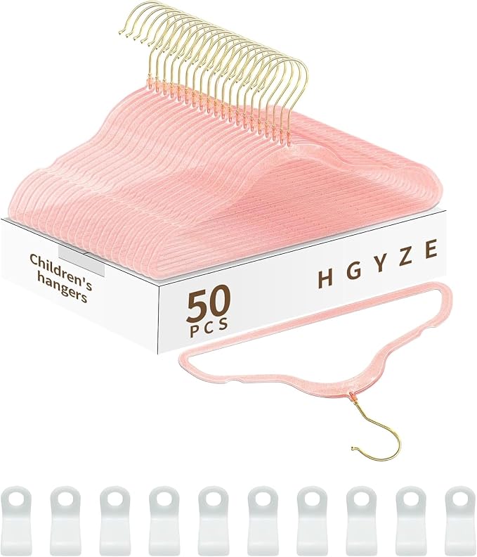 50pcs Slim Clear Toddler Hangers with 10 Connector Hooks for Kid's Closet | Swivel Golden Sparkling Baby Clothes Hangers with Gold Glitter for Infant Coat Outfit, Pink Perchas for Children Gril Nursery by HGYZE