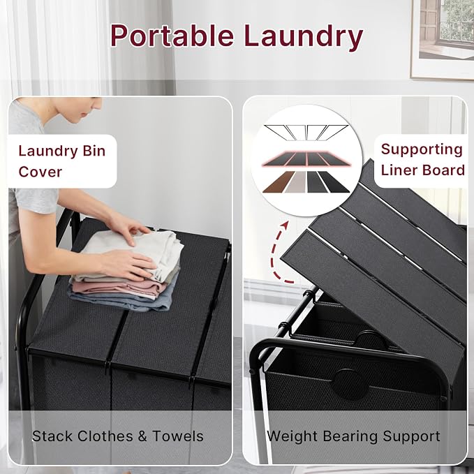 180L Laundry Sorter 4 Section with Lockable Wheels and Lid Black | 4 Large Separate Removable Bags | Heavy Duty Rolling Laundry Basket | Laundry Hamper Cart for Laundry Room Organizer - Image 7